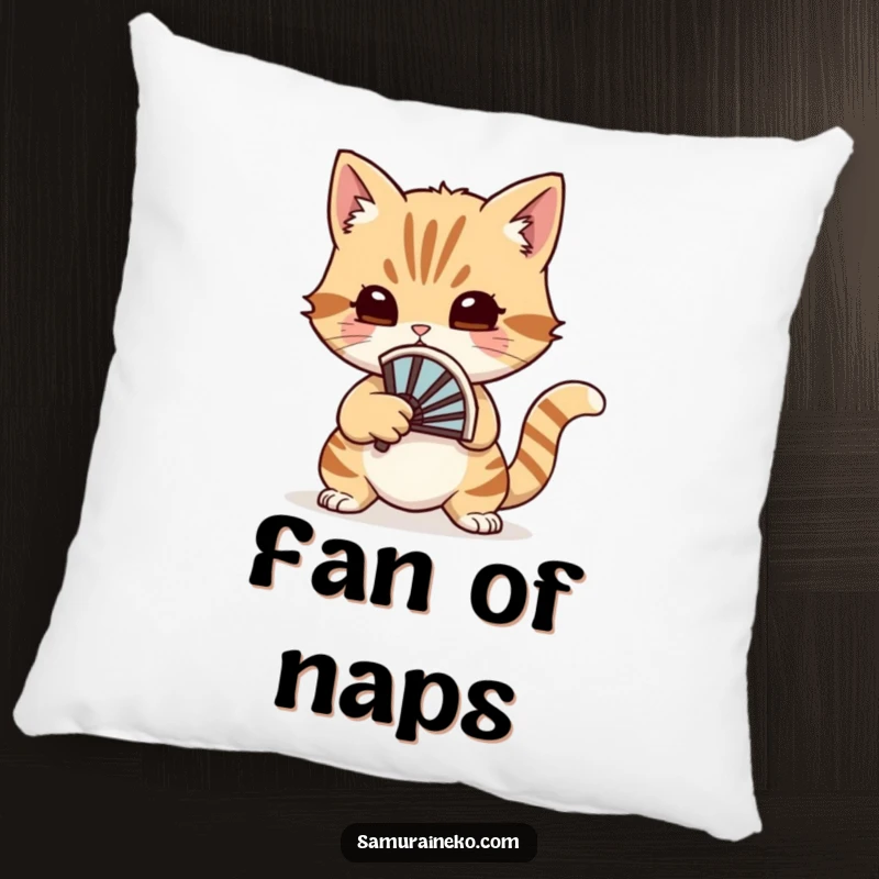 Funny cat warrior pillow featuring a cat with a small battle fan, ready for a whimsical duel, offering comfort.