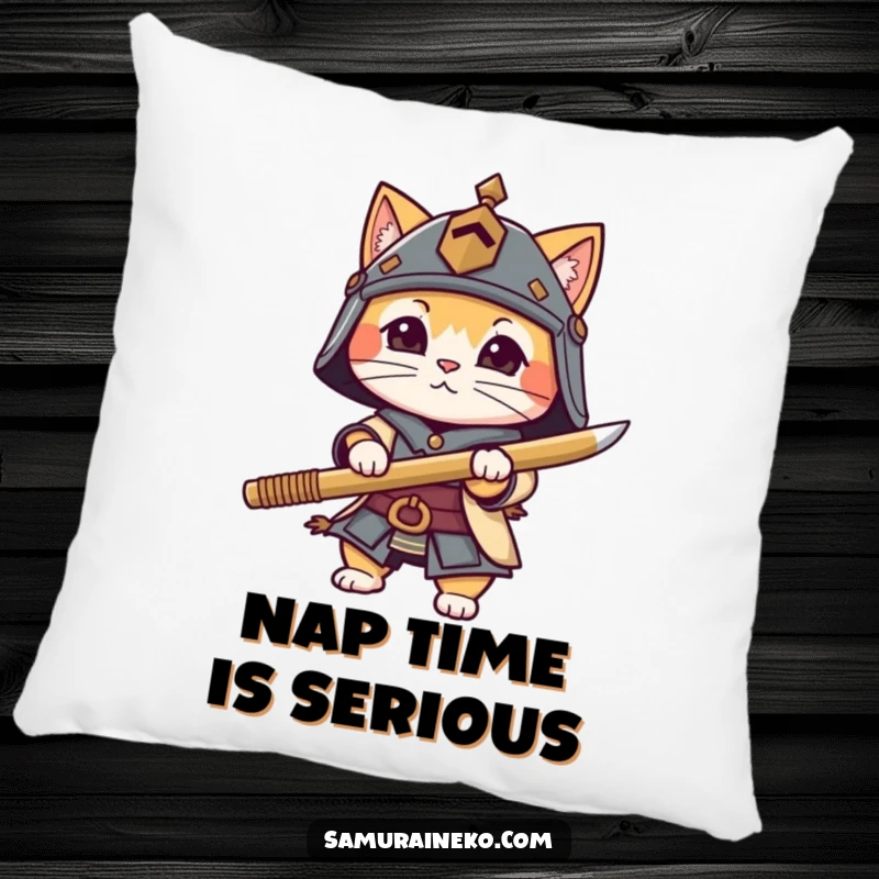 Funny cat character wearing a tiny helmet and holding a bamboo sword, featured on a comfortable and decorative pillow.