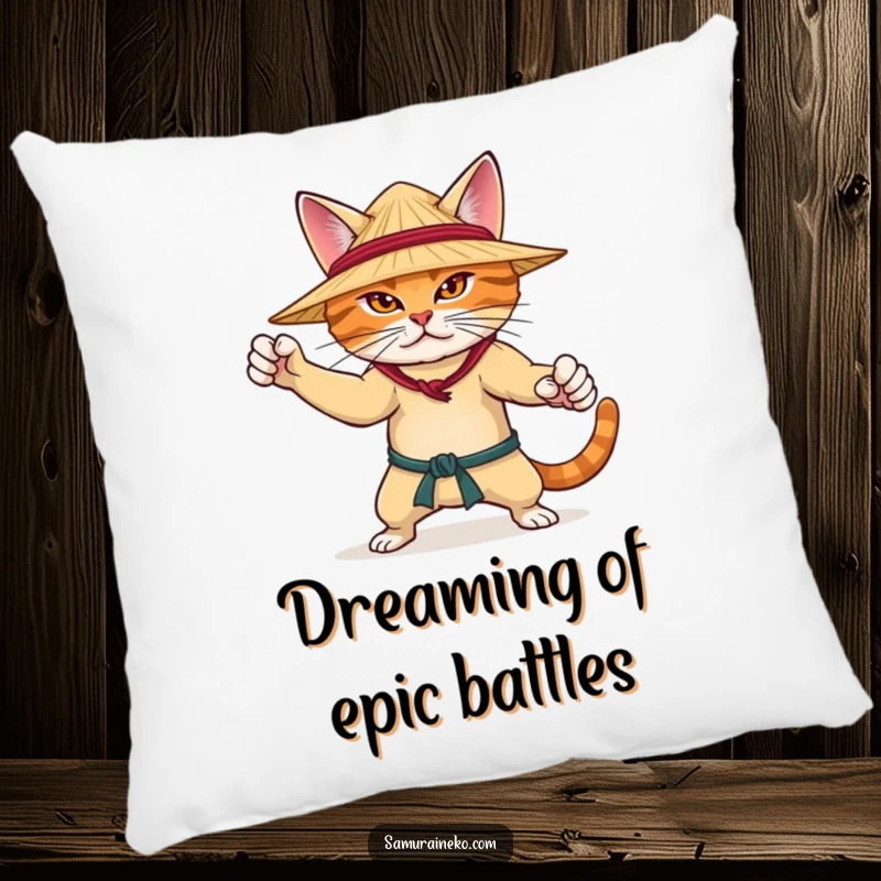 Funny pillow with a determined cat in a martial arts stance, wearing a straw hat, offering comfort and a dose of focused humor.