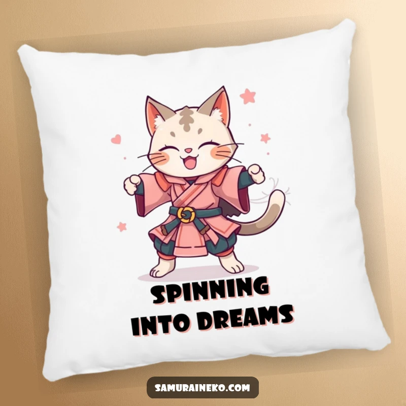 Funny pillow with a joyful feline samurai in mid-spin, exuding happiness. An excellent funny gift choice.