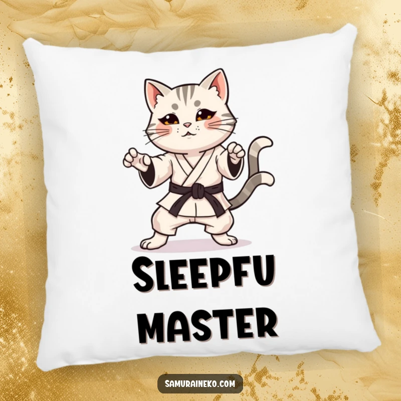 Funny cat pillow featuring a cat in a karate pose with a happy, wagging tail, perfect for comfort and humor.