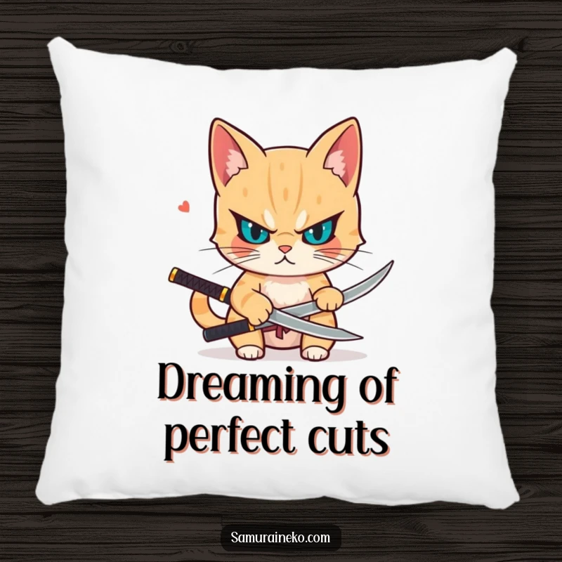 Funny pillow with a determined cat drawing a small katana, offering comfort and a dose of sharp, focused humor.