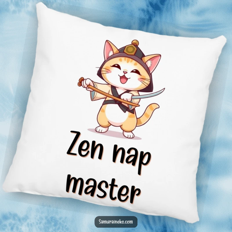 Funny decorative pillow featuring a cat in a ronin hat practicing sword forms with a joyful expression, offering comfort and humor.