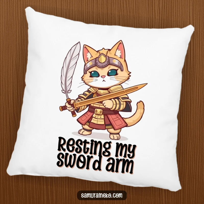 Funny cat in full samurai armor parrying a feather with a wooden sword, on a plush pillow.