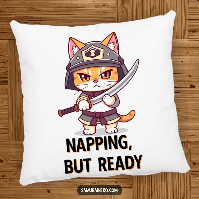 Funny pillow with a brave cat in a helmet, unsheathing a tiny katana, offering comfort and humorous feline warrior artistry.