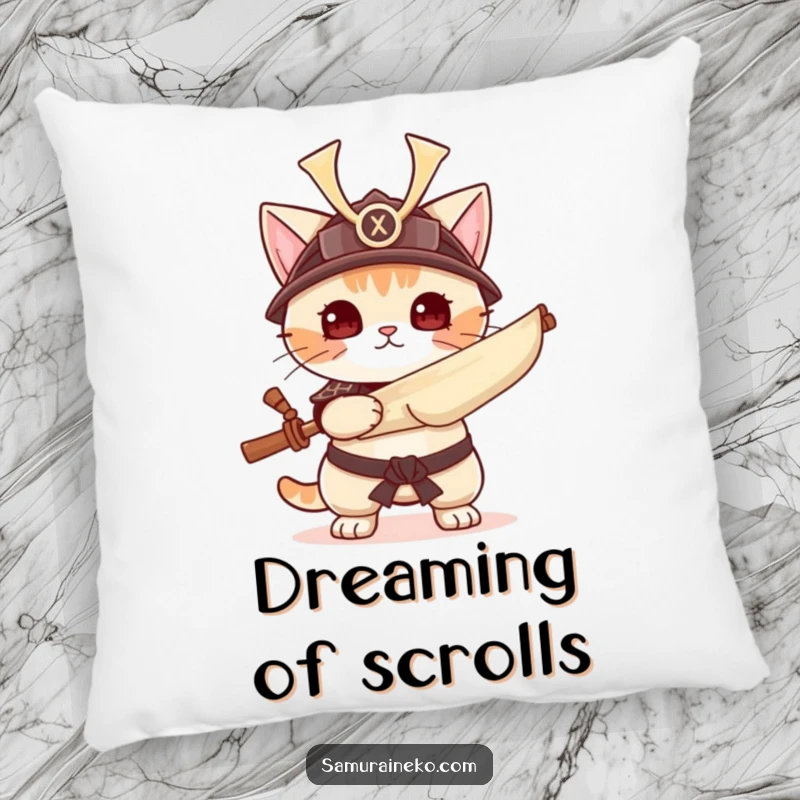 Funny cat in samurai helmet with scroll, plush warrior pillow, perfect funny gift for defenders.