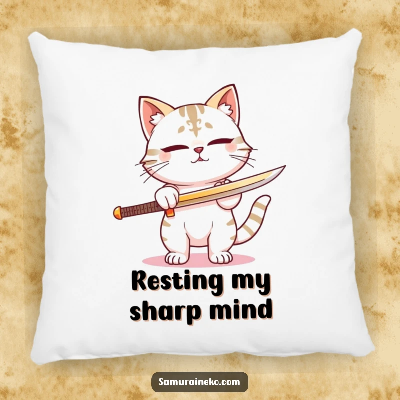Funny pillow with a contented cat warrior sharpening its sword, radiating focus and calm. An excellent funny gift.