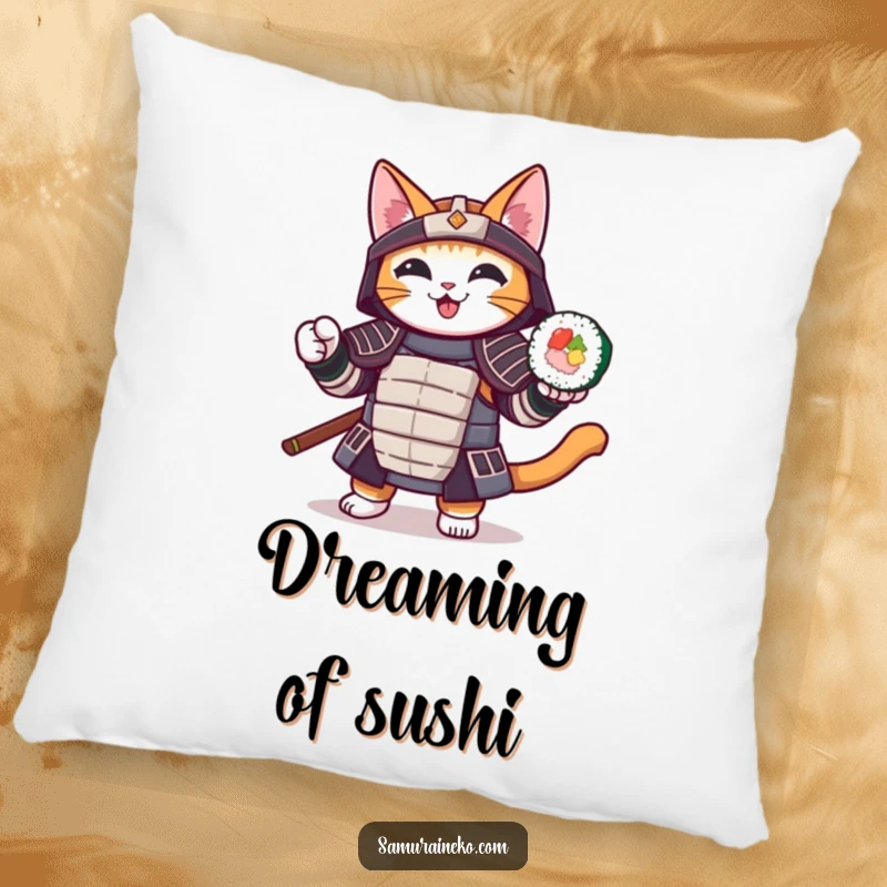 Funny cat pillow featuring a samurai cat cheerfully holding a sushi roll, perfect for adding comfort and humor.