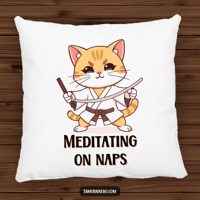 Funny cat practicing sword stances with intense focus and a slight smile, on a plush pillow.
