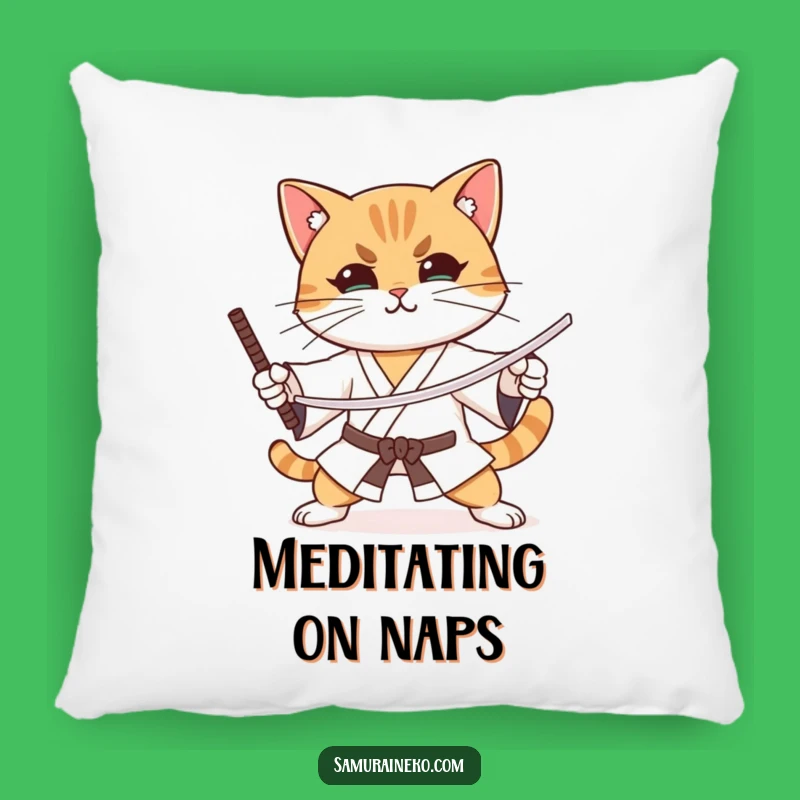 Funny Focused Cat Sword Pillow - Cozy Accent for a Disciplined Retreat