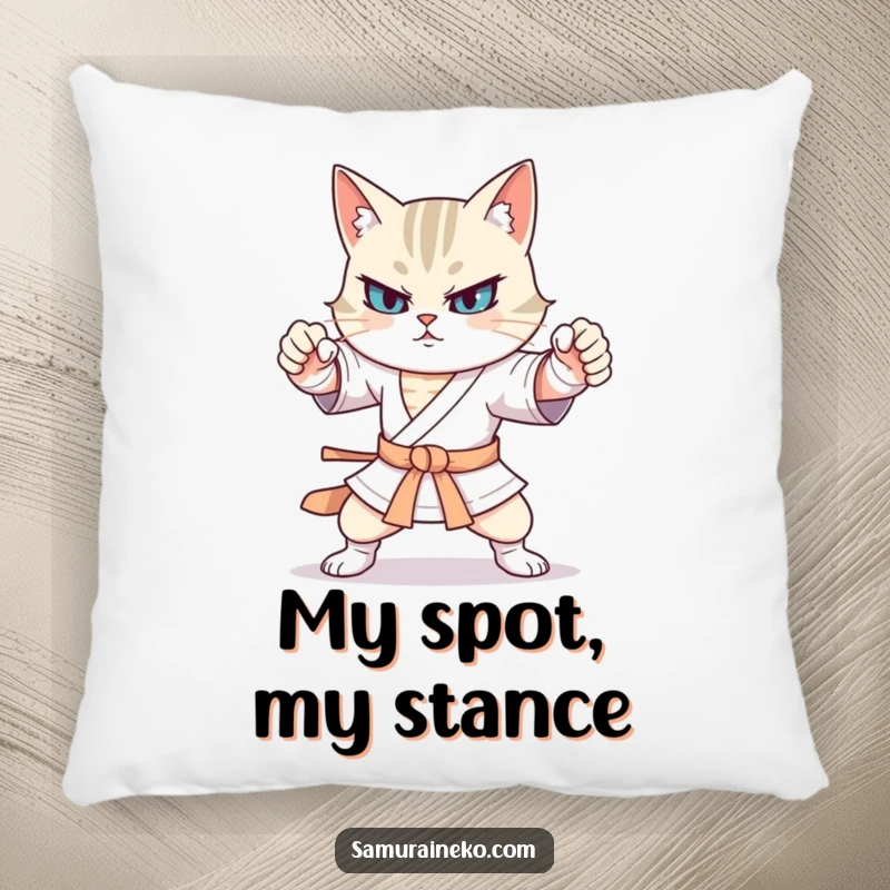 Funny cat warrior pillow featuring exaggerated, comical martial arts stances, offering comfort and humorous decor.