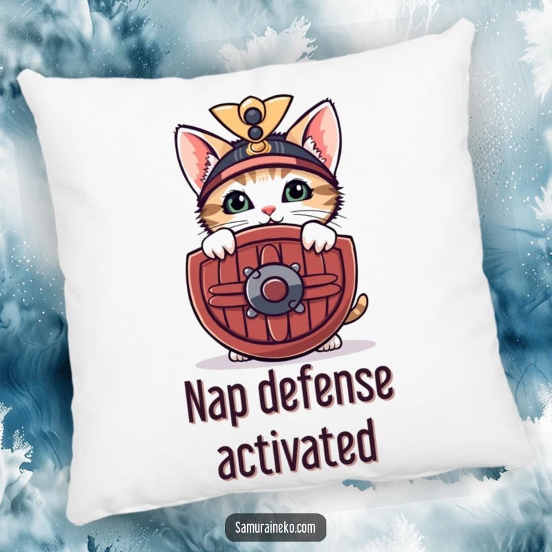 Funny pillow featuring a curious kitten peeking from behind a miniature samurai shield with a shy smile, offering comfort and humor.