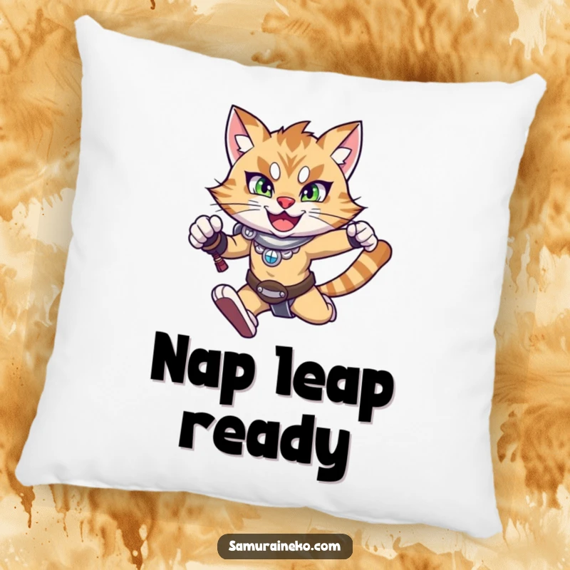 Funny cat pillow featuring a happy warrior cat mid-leap with a determined expression, perfect for adding comfort and humor.