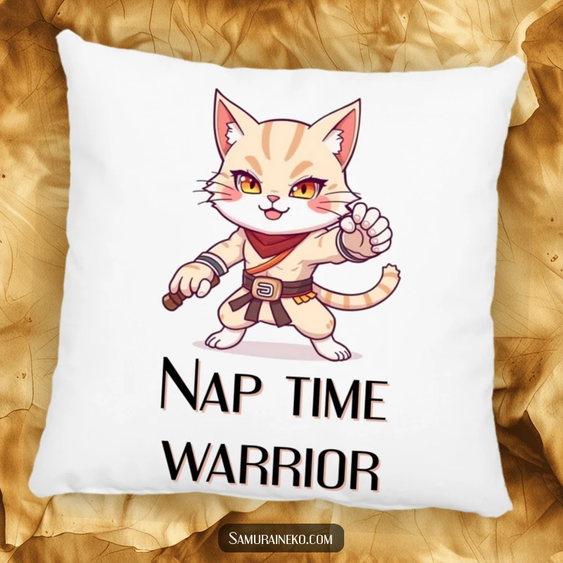 Funny pillow featuring a cat warrior striking a powerful and adorable pose, offering cozy comfort and humorous feline strength.