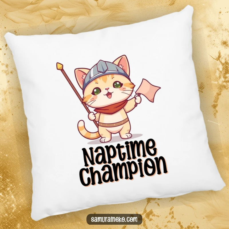 Funny pillow design: a cat wearing a tiny helmet holds a victory banner, offering cozy and comical celebration.