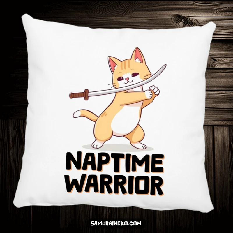 Funny cat warrior pillow featuring a playful sword flourish and wagging tail, offering a touch of humor and comfort.
