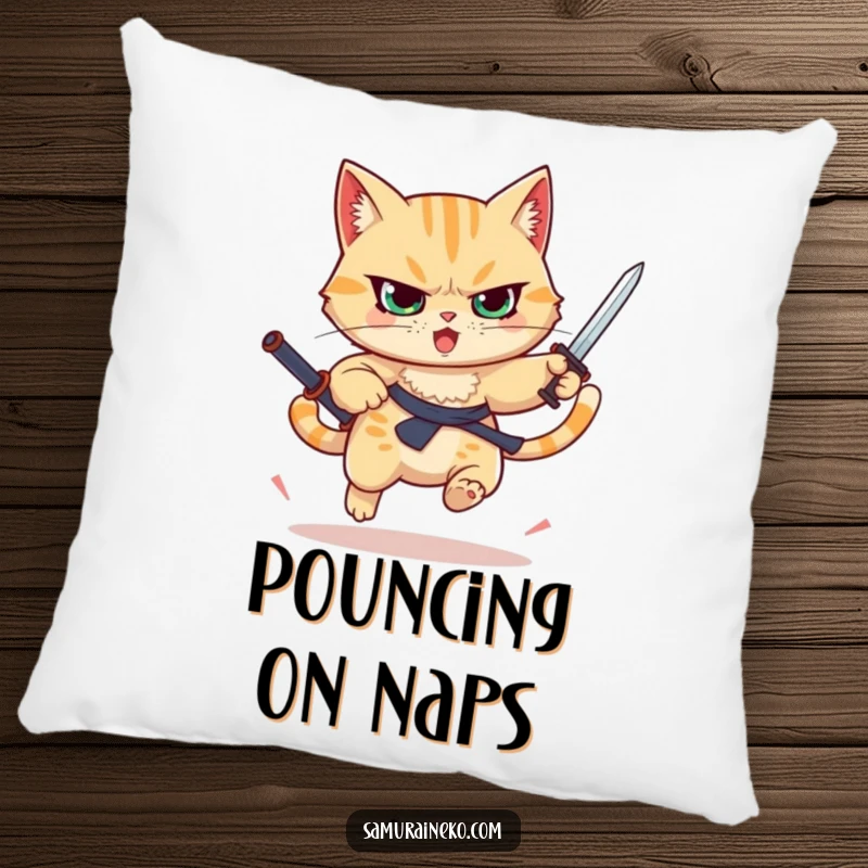 Funny determined cat leaping with a raised sword, plush warrior pillow, perfect funny gift for defenders.