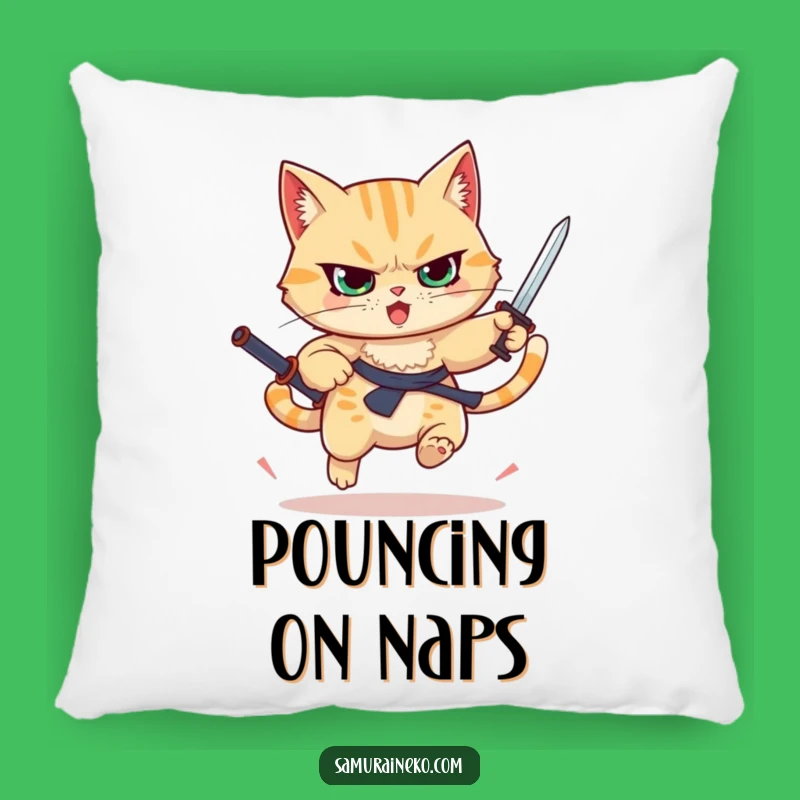 Funny Leaping Cat Pillow - Tiny Sword Warrior Cushion - Cozy & Courageous Gift