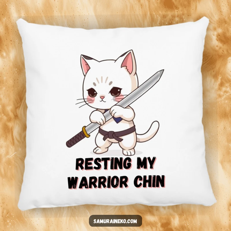 Funny cat character dramatically sheathing a minuscule katana with pride on a plush pillow, offering comfort and humor.