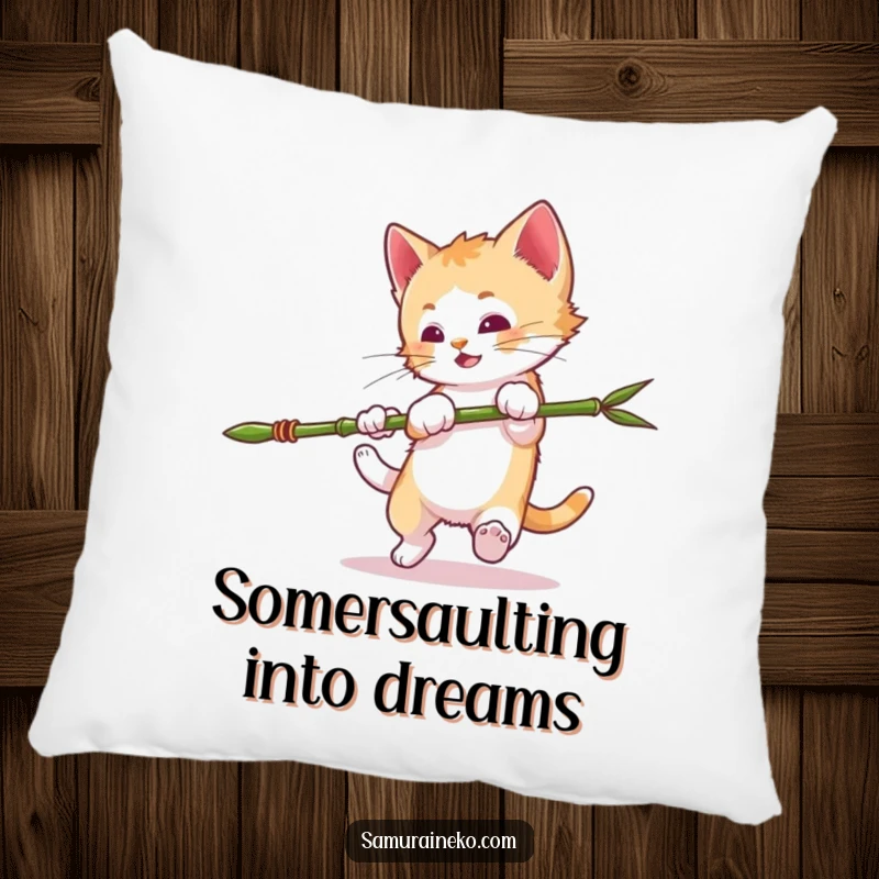 Funny Mischievous Kitten Pillow: Kitten doing a somersault with a bamboo spear, offering comfort and playful mischief. A perfect funny gift.