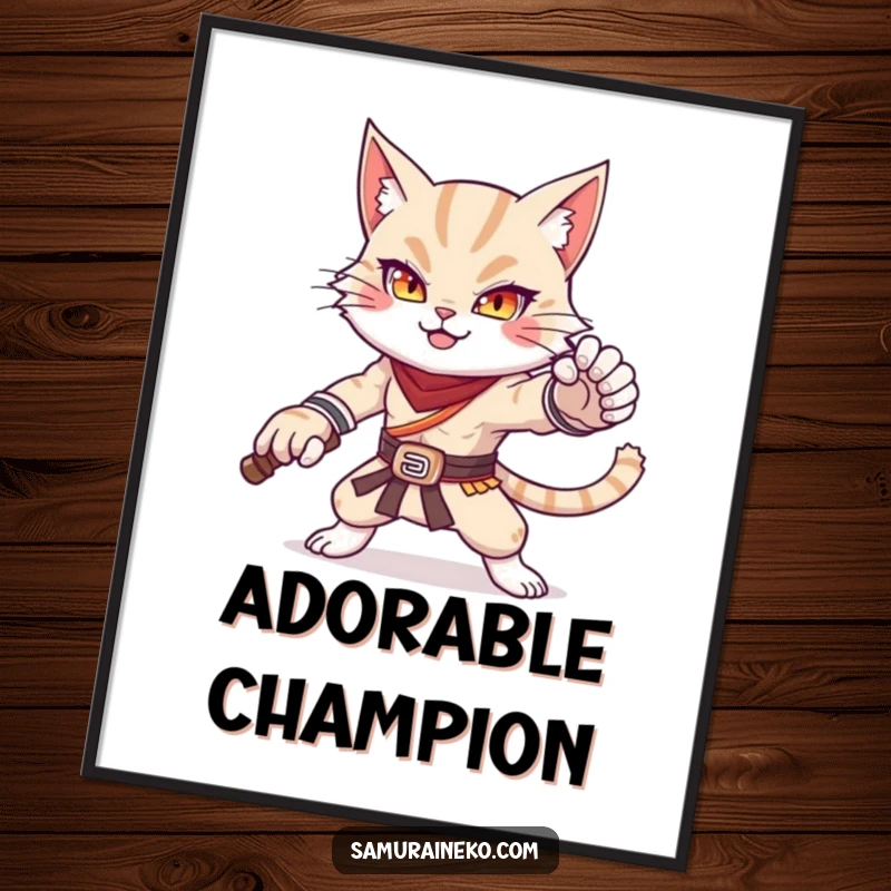 Funny digital art print of a cat warrior striking a powerful and adorable pose, a humorous and majestic artwork.