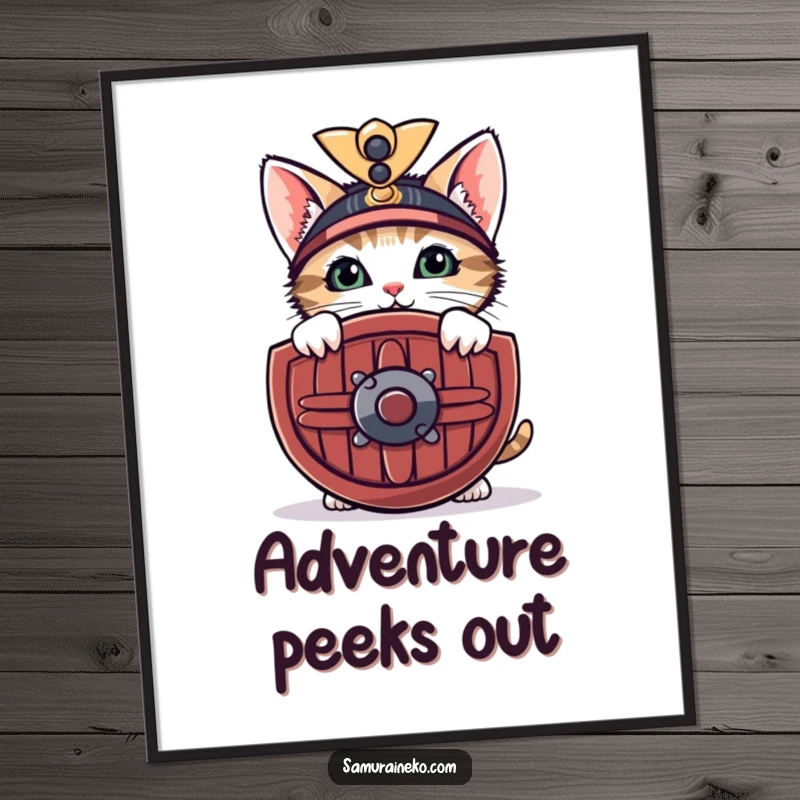Funny digital art print of a curious kitten peeking from behind a miniature samurai shield with a shy smile, for cute decor.