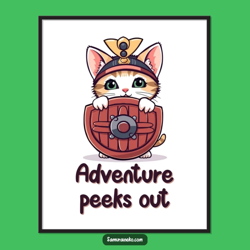 Funny Shy Samurai Kitten Digital Art: Cute Feline Print for Instant Warrior Decor