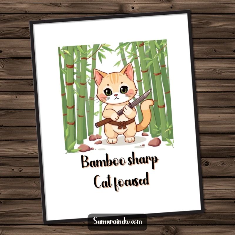 Funny digital art print of a cat warrior in a bamboo forest, holding a miniature katana, ready for any challenge, a downloadable humorous piece.
