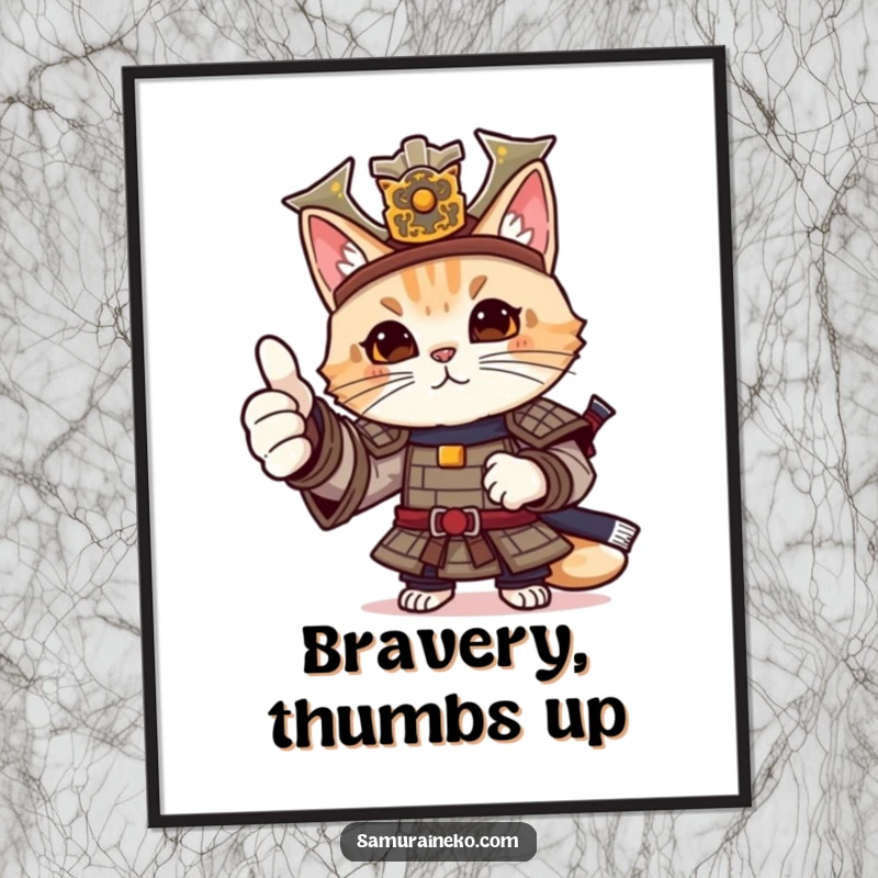 Funny cat samurai digital art print of a feline warrior in elaborate armor giving a friendly, enthusiastic thumbs-up.