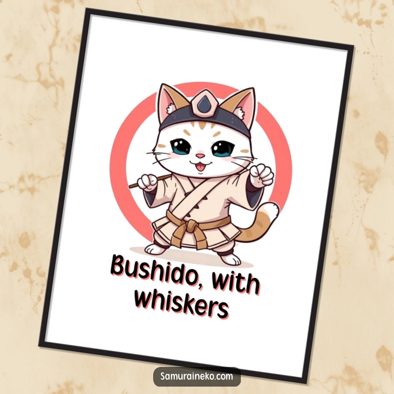 Funny Samurai Cat Digital Art: High-resolution image of a smiling cat in samurai garb, practicing martial arts, perfect for wall display.