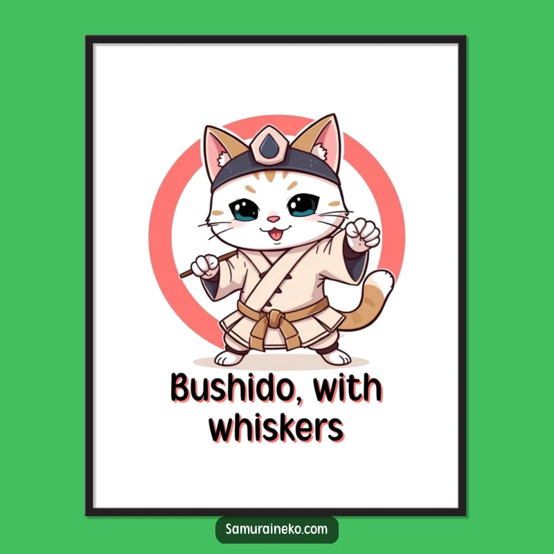 Funny Samurai Cat Digital Art: Smiling Martial Artist Feline Perfect Gift