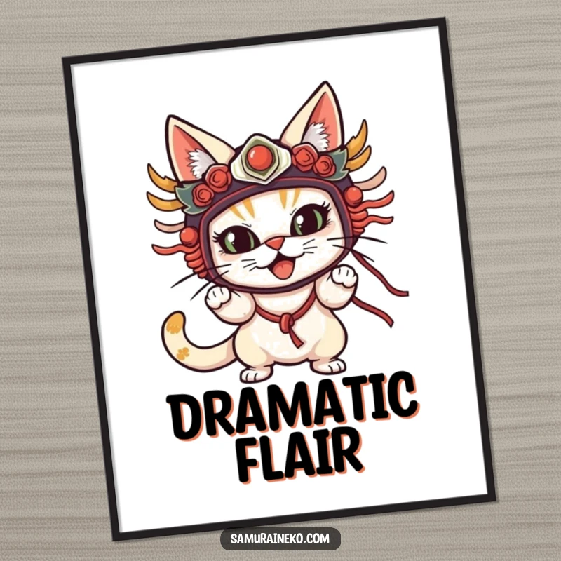 Funny Cat Mask Digital Art Print showing a cat in a traditional mask striking a dramatic, comical pose, ideal for stylish decor.