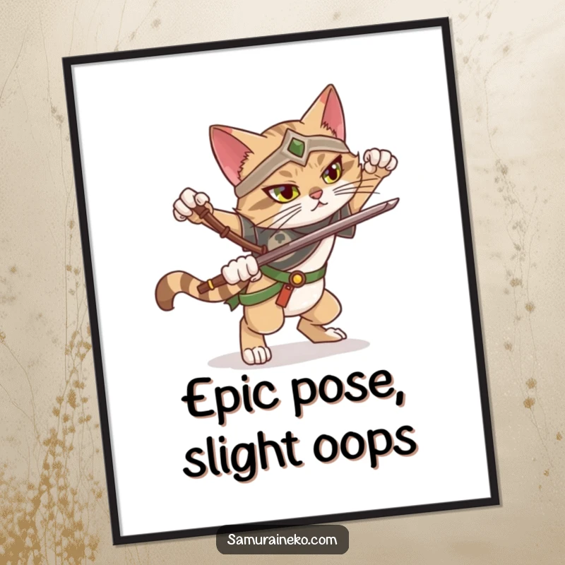 Funny digital art print of a cat warrior attempting a dramatic pose but comically losing balance, capturing effort and humor.