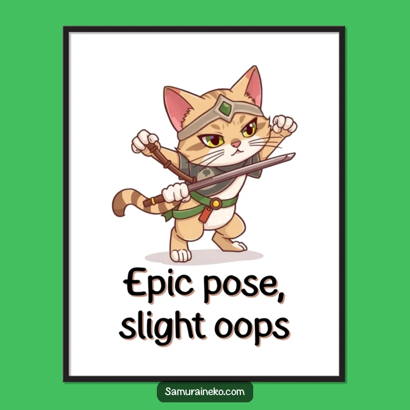 Funny Falling Cat Warrior Digital Art: Dramatic Pose Fail Print, Humorous Decor Gift