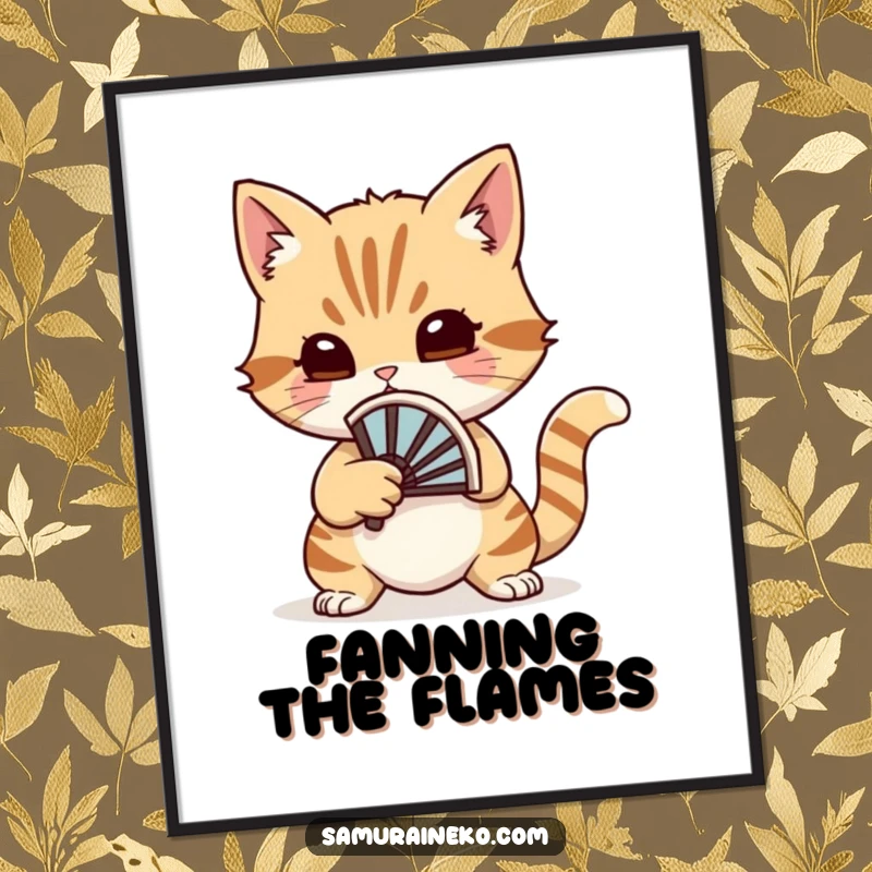 Funny cat duelist holding a small battle fan, poised for a whimsical duel, captured in a digital art print.