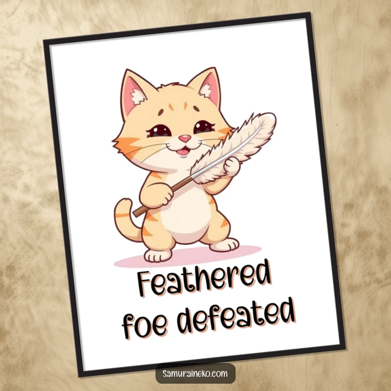 Funny digital art print of a cat playfully sparring with a feather duster, perfect for adding a humorous and energetic vibe.