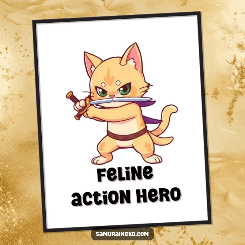 Funny digital art of a cat warrior in a dynamic battle stance with a drawn sword, ready for action.