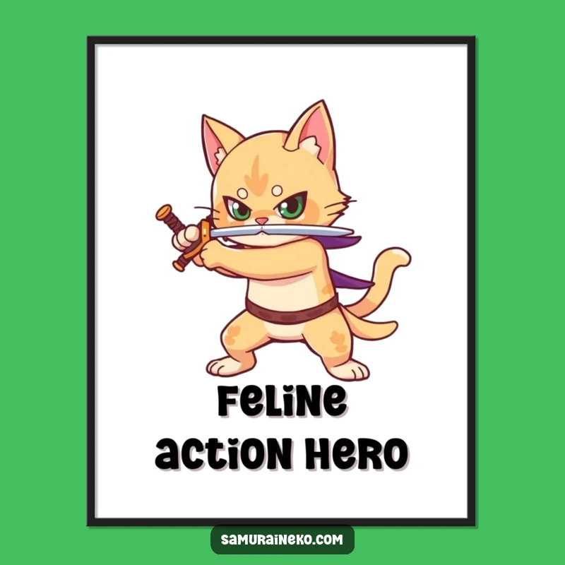 Funny Digital Art Print: Cat Warrior Sword - Epic Feline Battle Decor, Instant Gift
