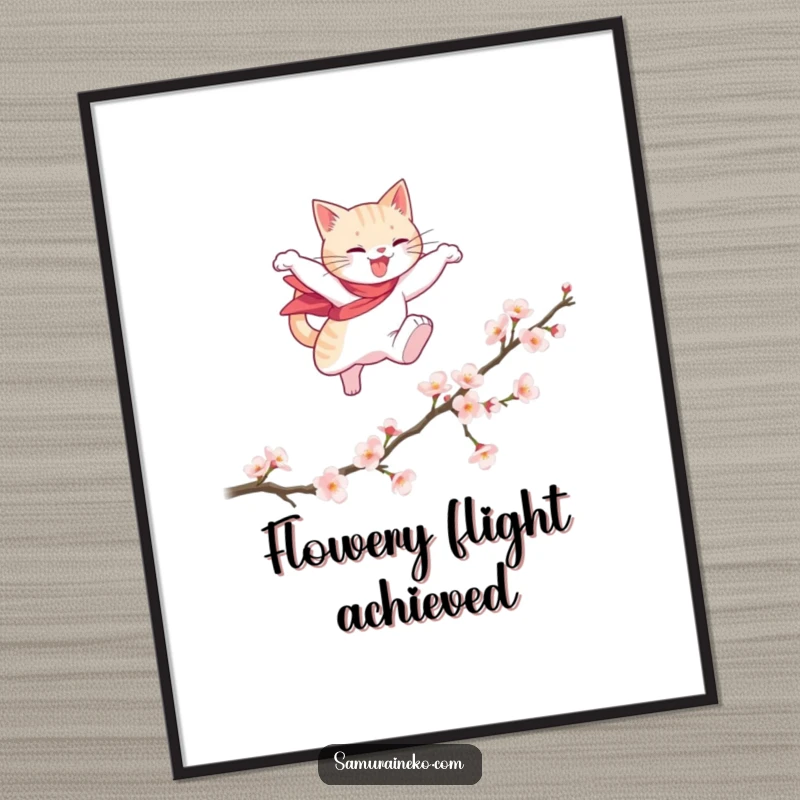 Funny digital art print of a cat hero elegantly leaping over a fallen cherry blossom branch, perfect for artistic and funny decor.