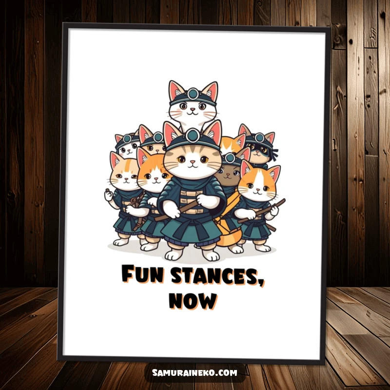Funny cat samurai digital art print featuring a group of cats in assorted samurai poses, ready for enjoyable activities.