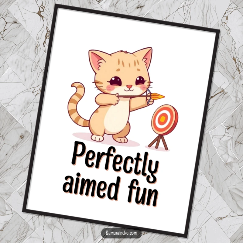 Funny cat archer aiming a tiny arrow at a playful target, available as a high-resolution digital art print.