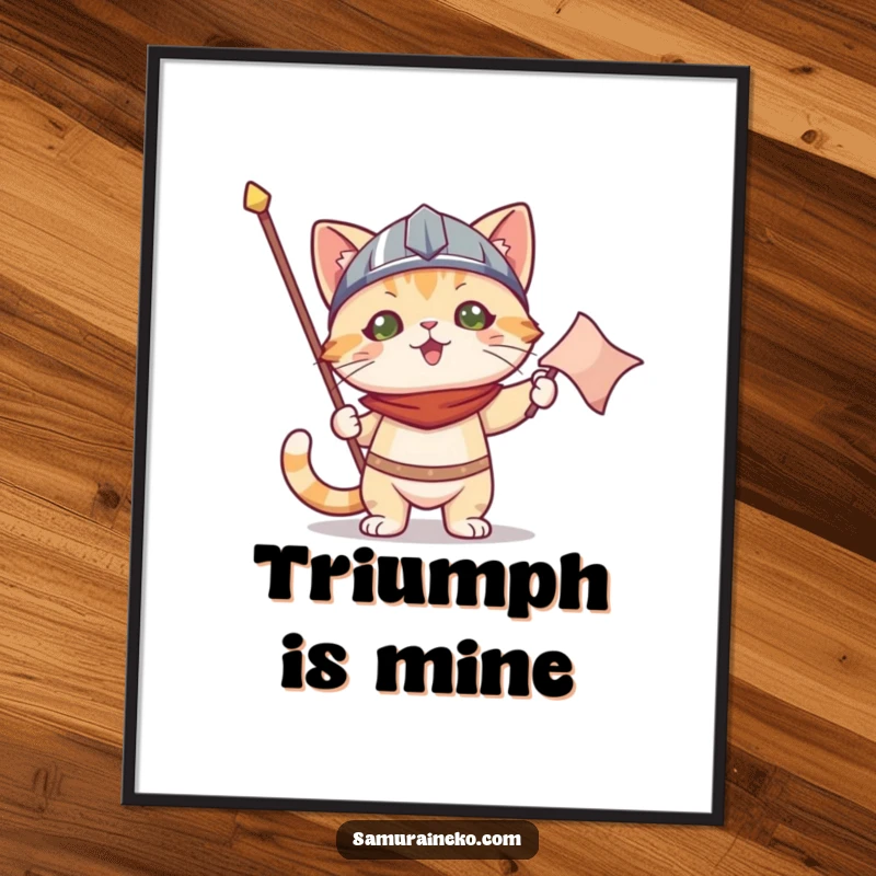 Funny digital art: a cat wearing a small helmet holds a victory banner, exuding comical triumph for wall decor.
