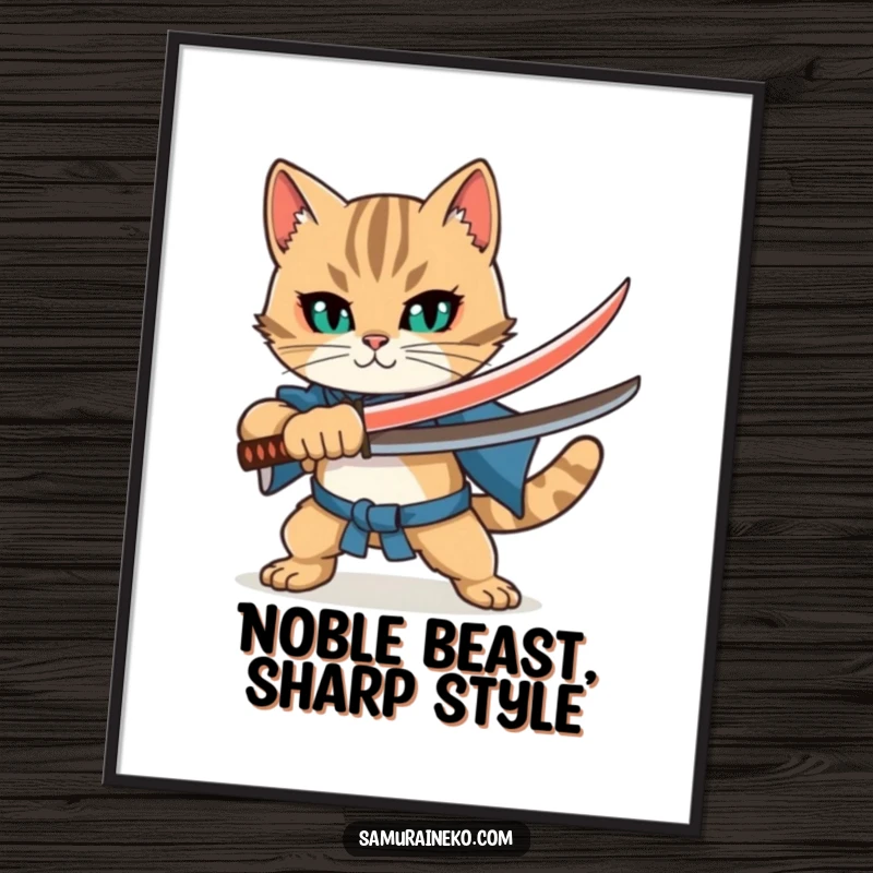 Funny Cat Katana Digital Art Print: High-resolution image of a confident cat warrior brandishing a miniature katana, ready for digital display.