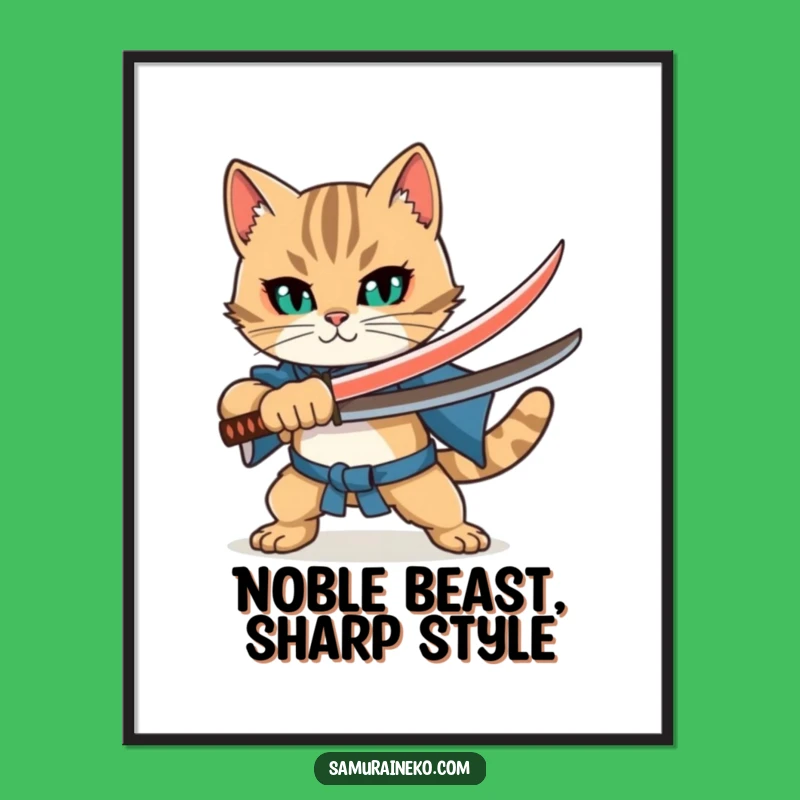 Funny Cat Katana Digital Art: Bold Warrior Feline Decor Perfect Gift