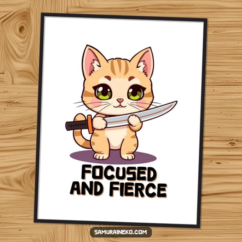 Funny Cat Katana digital art print of a curious, wide-eyed cat proudly holding a tiny katana, offering instant humor and artistic flair.