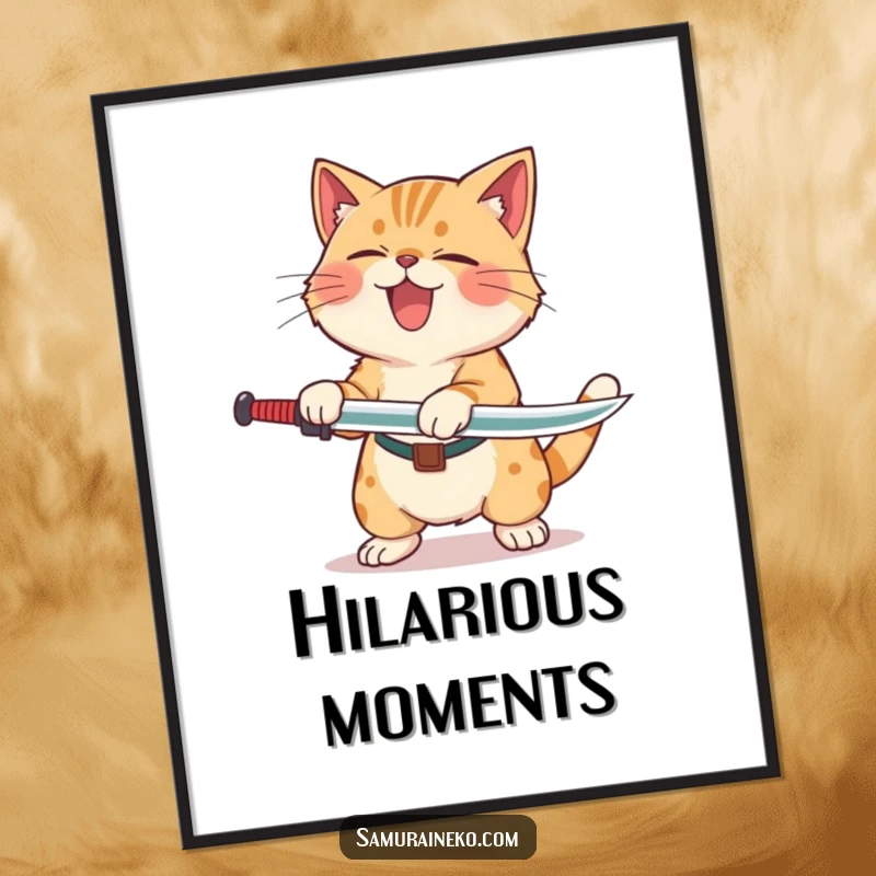 Funny Cat Laughing Sword Digital Art Print showing a cat rolling with laughter after a playful sword swing, ideal for humorous decor.