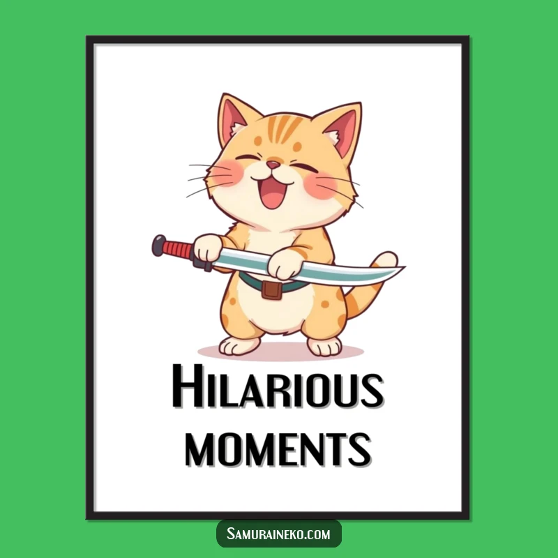 Funny Cat Laughing Sword Digital Art: Hilarious Feline Art for Joyful Decor