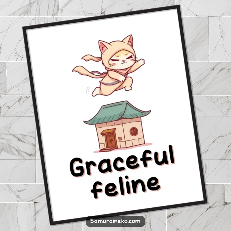 Funny digital art print of a cat ninja gracefully leaping onto a stylized rooftop, a humorous and dynamic artwork.
