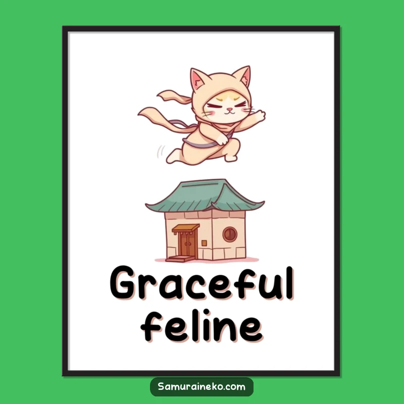 Funny Cat Ninja Digital Art: Graceful Rooftop Leap Print