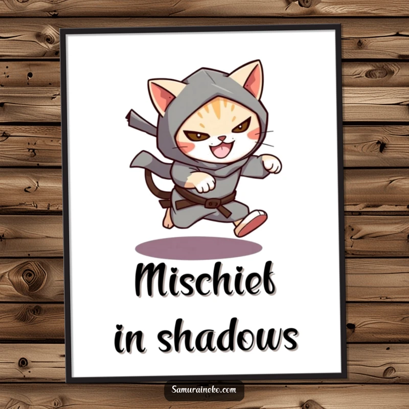 Funny Cat Ninja Digital Art Print showing a cat ninja leaping from shadows with a mischievous grin, ideal for dynamic wall decor.